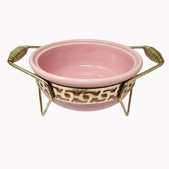 Vintage Bauer Pink Ceramic Bowl With Brass Holder 7 Inches - Picture 1 of 8